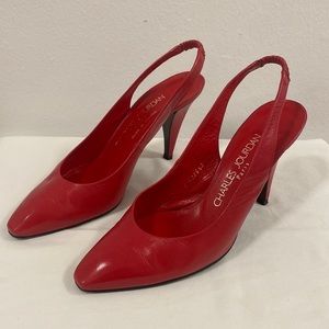 Red/pink, Charles Jourdan leather, sling back heels, size 8, made in Paris